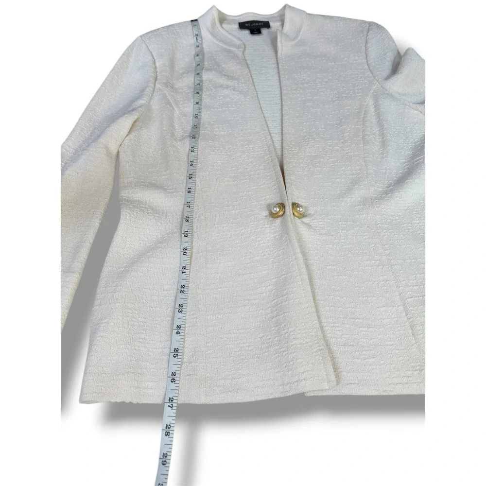 St John Cream Textured Knit Blazer Jacket Gold Pearl Button Flare Sleeve Size 14